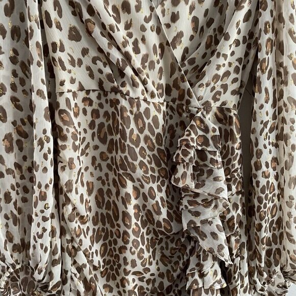 Express Wmn XS Brown/Ivory/Gold Cheetah Print V-Neck Sheer Sleeve Ruffle Dress - Picture 3 of 10